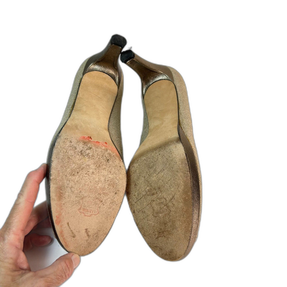 Stuart Weitzman Women's Beige Linen Leather Peep-toe High Heel Pump Size 11 - Picture 13 of 16